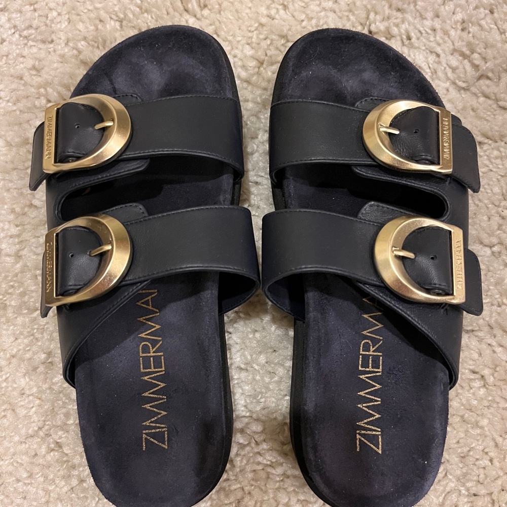 Zimmerman navy buckle leather slides, size 7